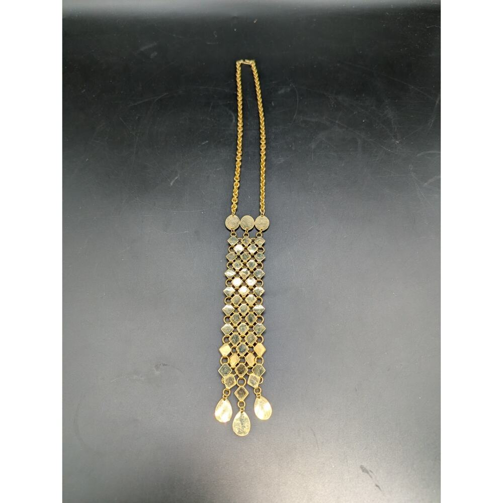 Vintage Heavy Gold Tone Statement Necklace Bookchain Mesh Fringe Tassel 48g 15"